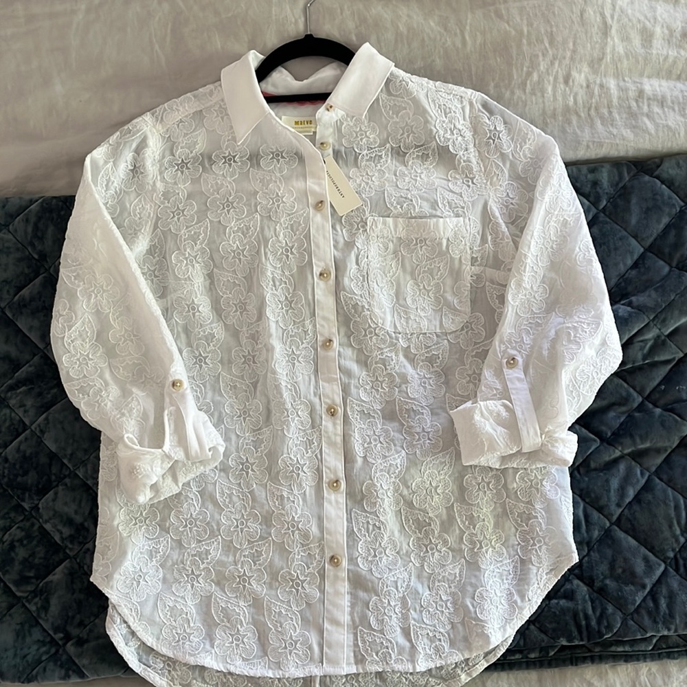 Maeve floral embroidered button down blouse